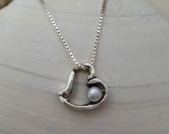 Dainty Silver Heart Pendant with Pearl, Sterling silver heart pendant with freshwater pearl, Handmade, Pendant #150