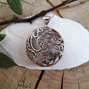Silver Lace Pendant, Silver Filigree Necklace, Sterling silver floral lace pendant, Round pendant, Handmade, Pendant #165