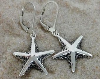 Silver Dangle Starfish earrings, Sea star earrings, Sterling silver dangle earrings, Organic, Handmade, Beach Earrings #119 B