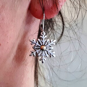 Silver Snowake Earrings, Silver and Gold Earrings, Snowflake Jewelry, Statement Earrings, Dangle Snowflake, Charm Earrings, 836B image 3