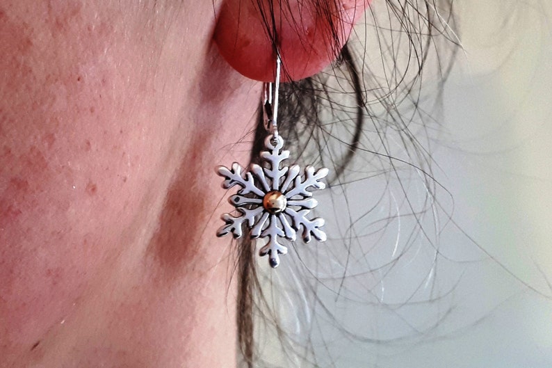 Silver Snowake Earrings, Silver and Gold Earrings, Snowflake Jewelry, Statement Earrings, Dangle Snowflake, Charm Earrings, 836B image 3