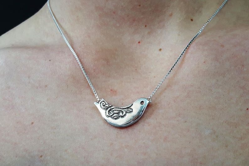 Silver Bird Pendant, Silver Bird with Engraved Lace Necklace, Bird Pendant for women, Handmade, Pendant 124 image 2