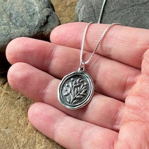 Wax stamp laurel silver pendant, Wax seal plant pendant, Silver charm medal, Floral hammered necklace, Oval pendant, Handmade, # P  845