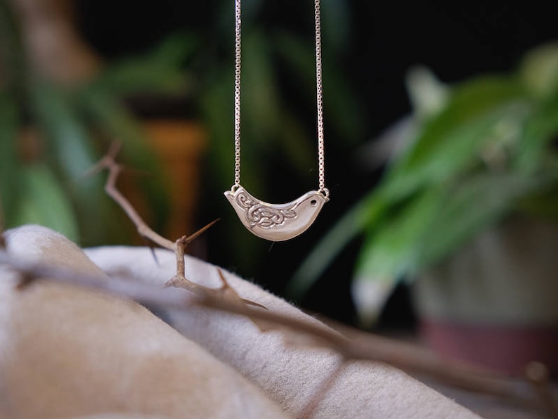 Silver Bird Pendant, Silver Bird with Engraved Lace Necklace, Bird Pendant for women, Handmade, Pendant 124 image 3