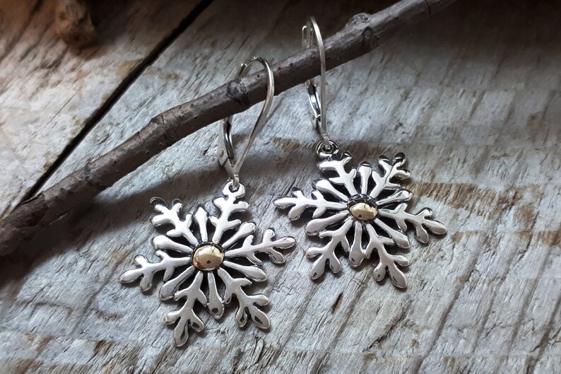 Silver Snowake Earrings, Silver and Gold Earrings, Snowflake Jewelry, Statement Earrings, Dangle Snowflake, Charm Earrings, 836B image 1