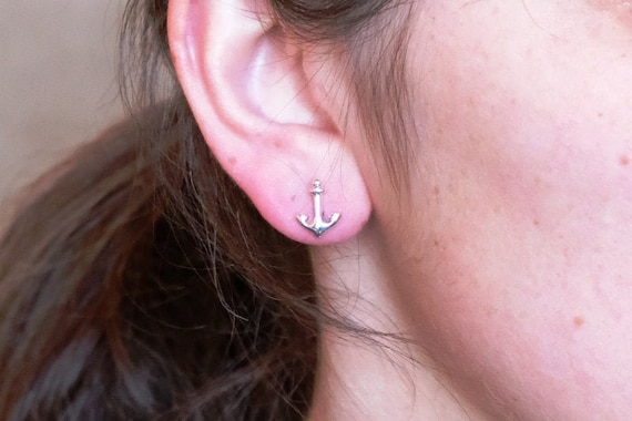 Dainty Silver Stud Anchor Earrings, Nautical Design Stud Earrings, Handmade, Earrings #127.A