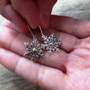 Silver Snowake Earrings, Silver and Gold Earrings, Snowflake Jewelry, Statement Earrings, Dangle Snowflake, Charm Earrings, 836B image 4