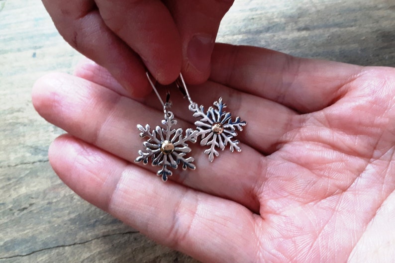 Silver Snowake Earrings, Silver and Gold Earrings, Snowflake Jewelry, Statement Earrings, Dangle Snowflake, Charm Earrings, 836B image 4