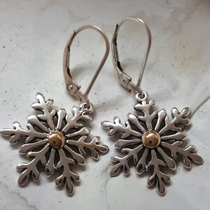 Silver Snowake Earrings, Silver and Gold Earrings, Snowflake Jewelry, Statement Earrings, Dangle Snowflake, Charm Earrings, 836B image 2