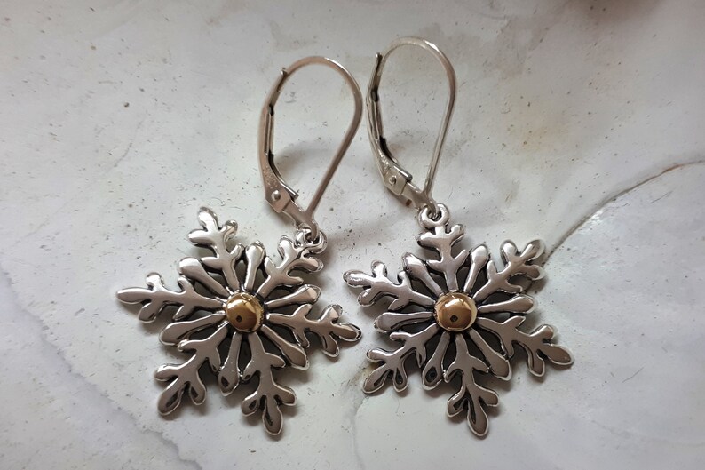 Silver Snowake Earrings, Silver and Gold Earrings, Snowflake Jewelry, Statement Earrings, Dangle Snowflake, Charm Earrings, 836B image 2