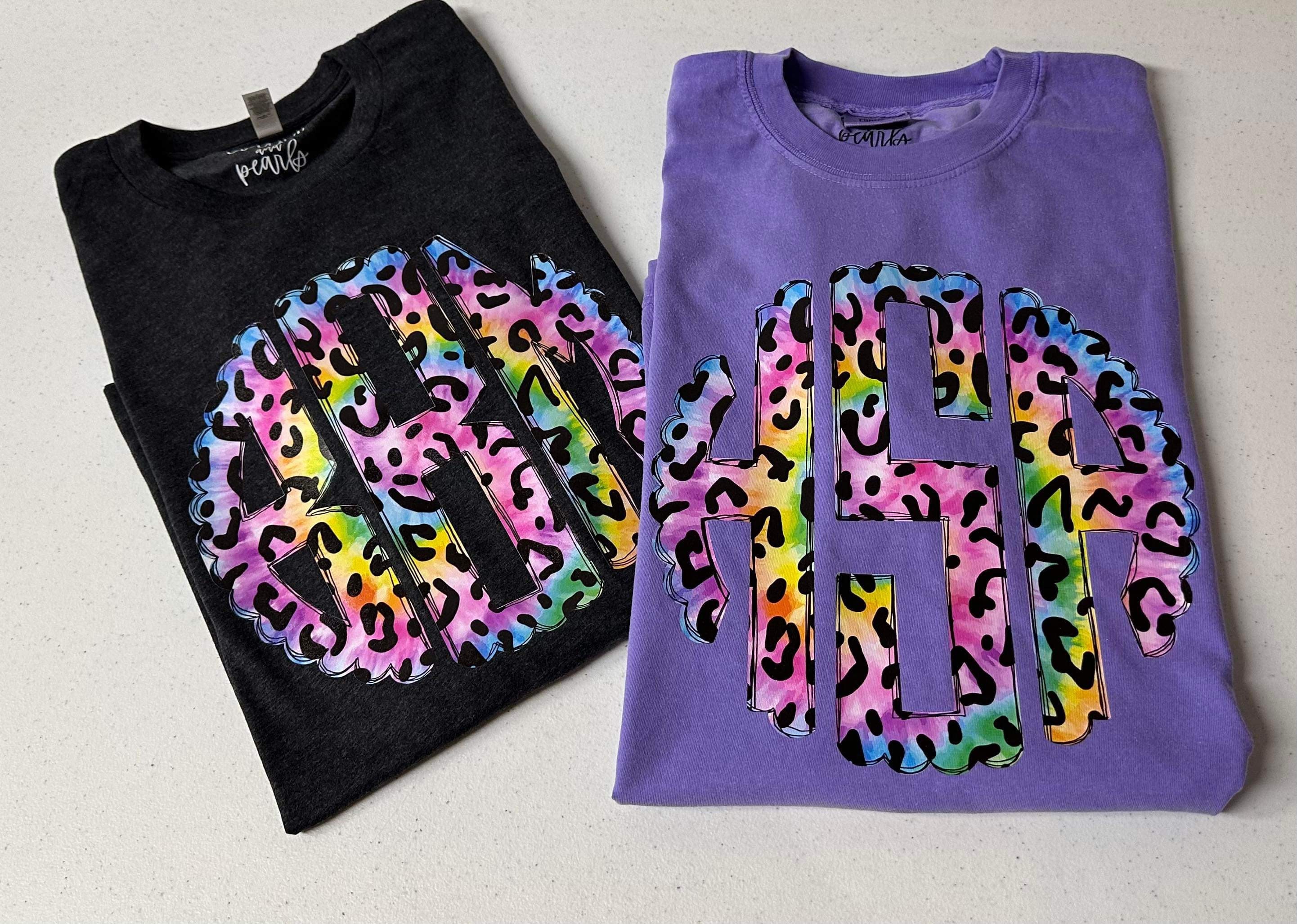 Rainbow cheetah print monogram shirt- monogram tee- scalloped circle font  monogram- comfort colors- free shipping- personalized tee