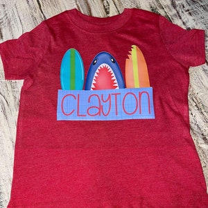 Kids shark and surfboard T-shirt- shark- surfboard- beach-personalized tee-unisex fit- short sleeve- youth- toddler- free shipping