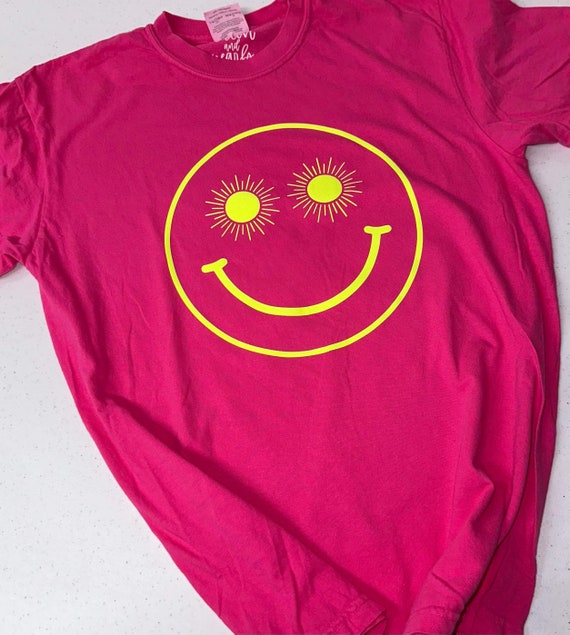 Neon Pink Puff Vinyl Happy Face Shirt Comfort Colors Unisex Fit Tank Top  Tank puff Vinyl Happy Face Free Shipping 