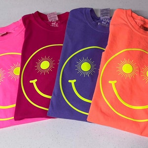 Neon yellow puff vinyl happy face Shirt - comfort colors- unisex fit- short sleeve -puff vinyl- happy face- free shipping-