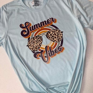 Summer vibes shirt- cheetah print sunglasses- unisex fit- Bella canvas tee- htv shirt- vinyl- printed vinyl-free ship- summer- vibes- retro