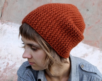 Hand Knit Recycled Wool Slouchy Beanie: Rust Burnt Orange Hat