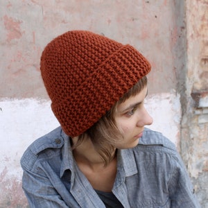 Rust fisherman beanie, Hand knit watch cap, Cuffed men's beanie, Chunky wool hat in Burnt Orange, Docker cap, Winter toque