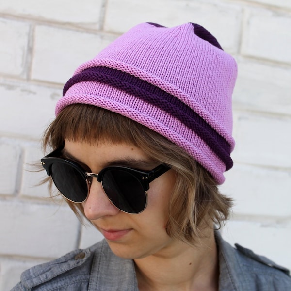 Purple Lilac Cotton beanie, Teenager girl gift, Striped slouchy hat, Lightweight cap with roll brim  - Vegan friendly