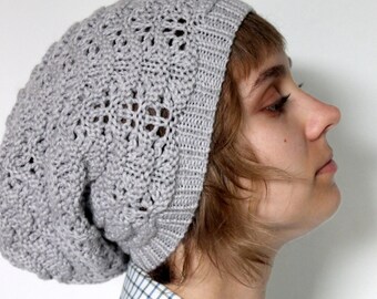 Light Gray Slouchy Beanie Women's, Wavy Hand Knit Cap, Winter Wool Slouch Hat
