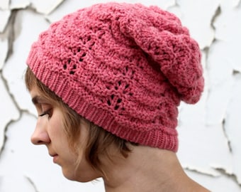 Pink slouchy beanie women's. Wool hand knit hat. Handmade christmas gift. Santa hat