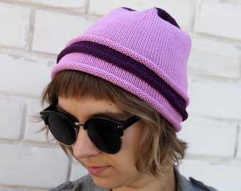 Purple Lilac Cotton beanie, Teenager girl gift, Striped slouchy hat, Lightweight cap with roll brim  - Vegan friendly