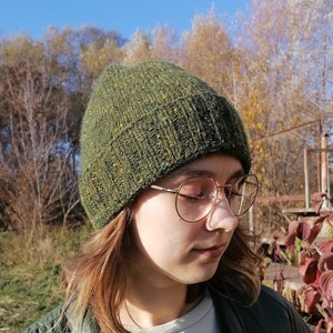 Green Men's Wool Beanie: Fisherman Hand Knit Hat with Rib Brim, Watch Cap