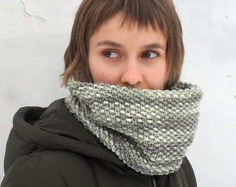 Green ombre hand knitted cowl, Wool infinity scarf, Unisex snood neck warmer, Winter gift for men and women