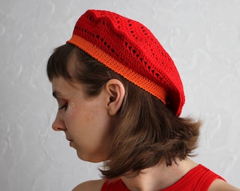 Red Crochet Cotton French Beret: Hippie Summer Tam Hat