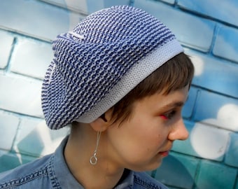 Summer womens beret , Organic cotton tam hat, Lightweight hand knit beret, Sun marine style, French beret