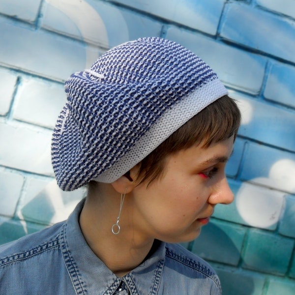 Summer womens beret , Organic cotton tam hat, Lightweight hand knit beret, Sun marine style, French beret