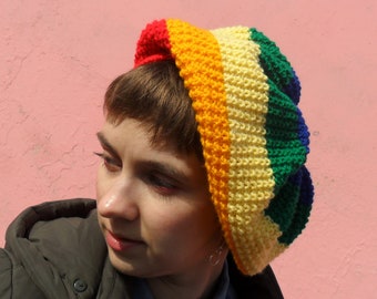 Gay pride rainbow beret, Queer hat, Colorful striped tam, Hand knit beret, LGBTQ  clothing, Vegan friendly