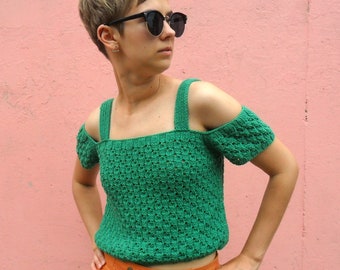 Emerald Green off the shoulder top. Y2k crop top. Crochet tank top. Cold shoulder hand knit top with straps
