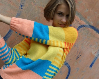 Rainbow Cropped Sweater. Hand Knit Striped Colorblock sweater for women - Personalized colors