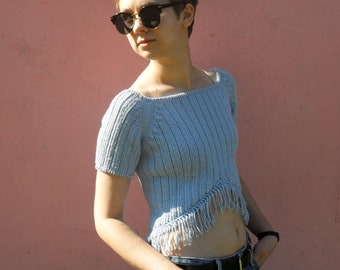 Crochet Y2K Crop Top, Sky Blue Fringe T Shirt, Hand knit boat neck blouse, Vegan clothing