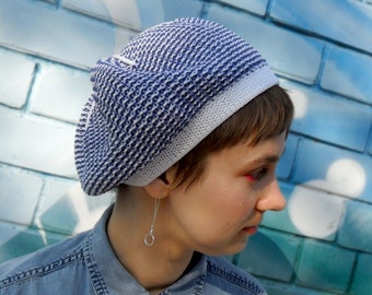 Organic Cotton Knit Beret for Women: Summer Tam Hat, Marine Style