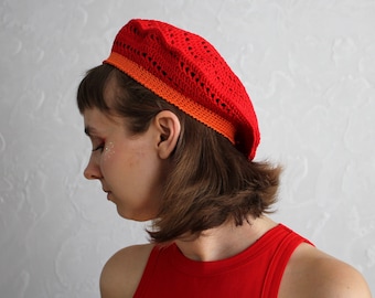 Red Crochet Cotton French Beret: Hippie Summer Hat