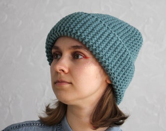 Seafoam fisherman beanie, Hand knit watch cap, Cuffed men's beanie, Chunky wool hat women's, Docker cap, Winter toque, Unisex style