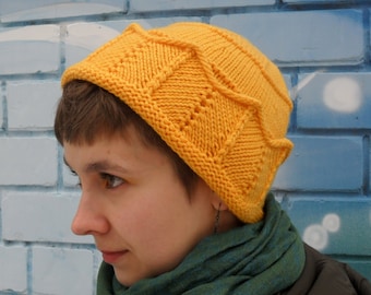 Yellow Crown hat, Jughead beanie, Wool hand knit hat, Whoopee cap, Women's cuffed beanie - Handmade gift