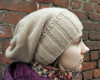 Beige Cashmere Slouch Hat, Wool slouchy beanie women's, Winter hand knit hat - Handmede gift