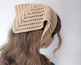 Crocheted Hair Kerchief, Hippie Bandana for Women, Beige Cotton Headscarf, Triangle Headband