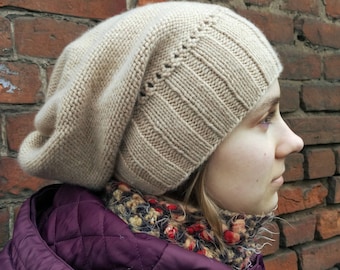 Beige Cashmere Slouch Hat, Wool slouchy beanie women's, Winter hand knit hat - Handmede gift