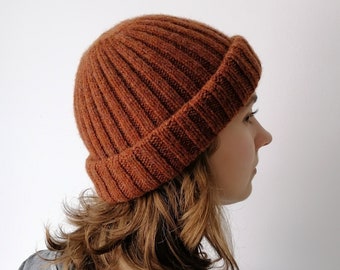 Cashmere Fisherman Beanie: Men's Ribbed Knit Short Hat with Fold-Over Brim