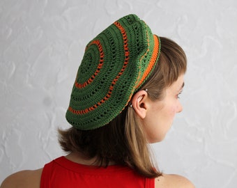 Emerald green crocheted beret, Summer cotton crochet hat, Hippie style tam, Striped berets for women