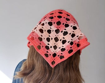 Crocheted bandana for women, Cotton headscarf in Rainbow Peach, Hippie hair kerchief, Triangle headband