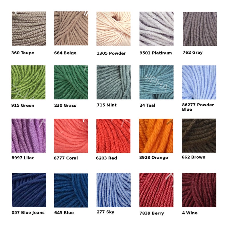 May include: A color chart of yarn samples in various shades of beige, green, blue, red, orange, purple, and brown. The yarn is arranged in a grid pattern with the color names and numbers listed below each sample.