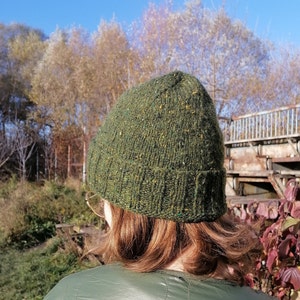May include: A green knit beanie with flecks of color is worn by a person. The hat is made of a textured yarn and has a ribbed brim. The person is wearing a green quilted jacket. The background features trees and a blue sky.