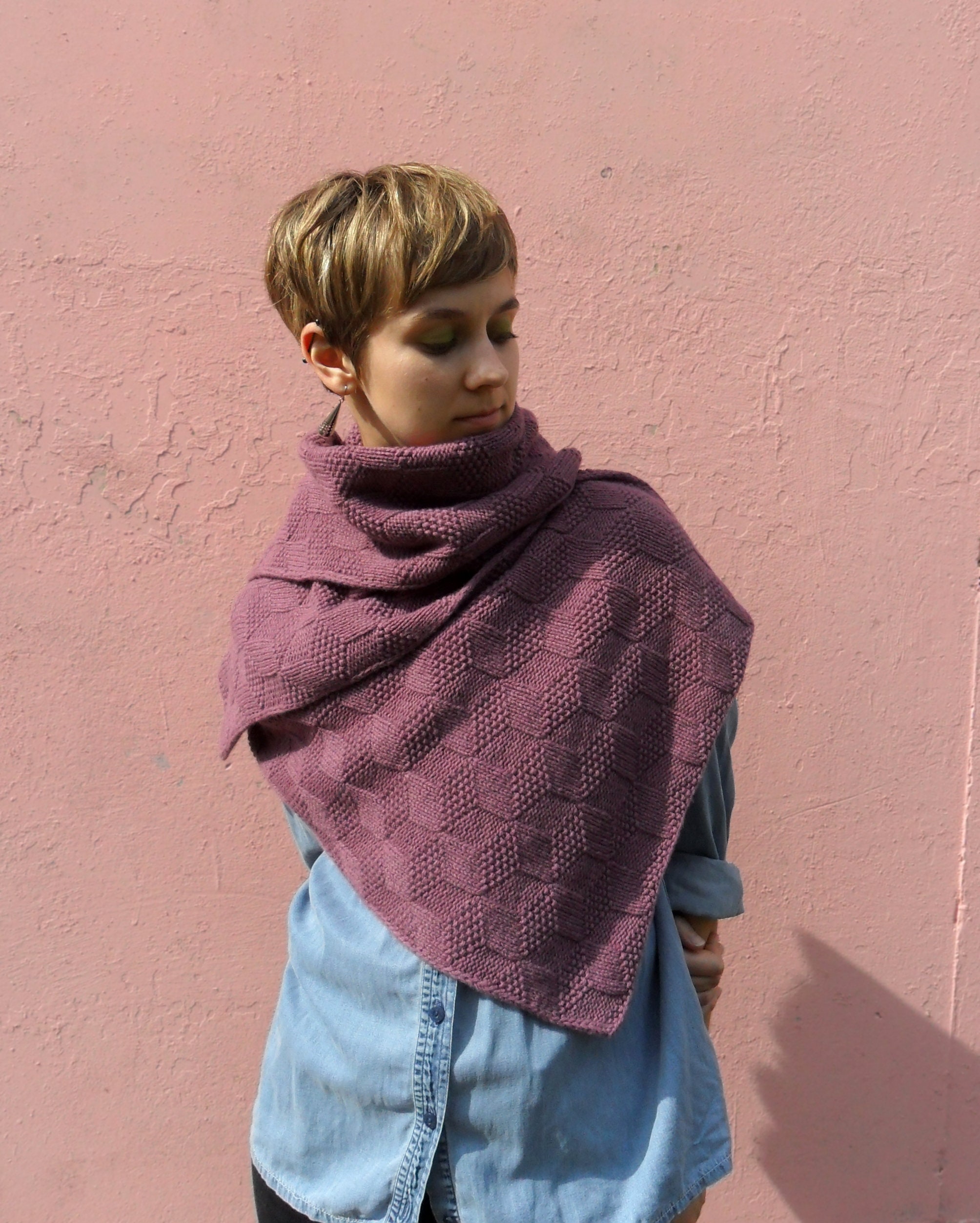 Oversized Scarf. Hand Knit Blanket Scarf. Wool Wrap in Dull Magenta. Handmade Valentine's Day