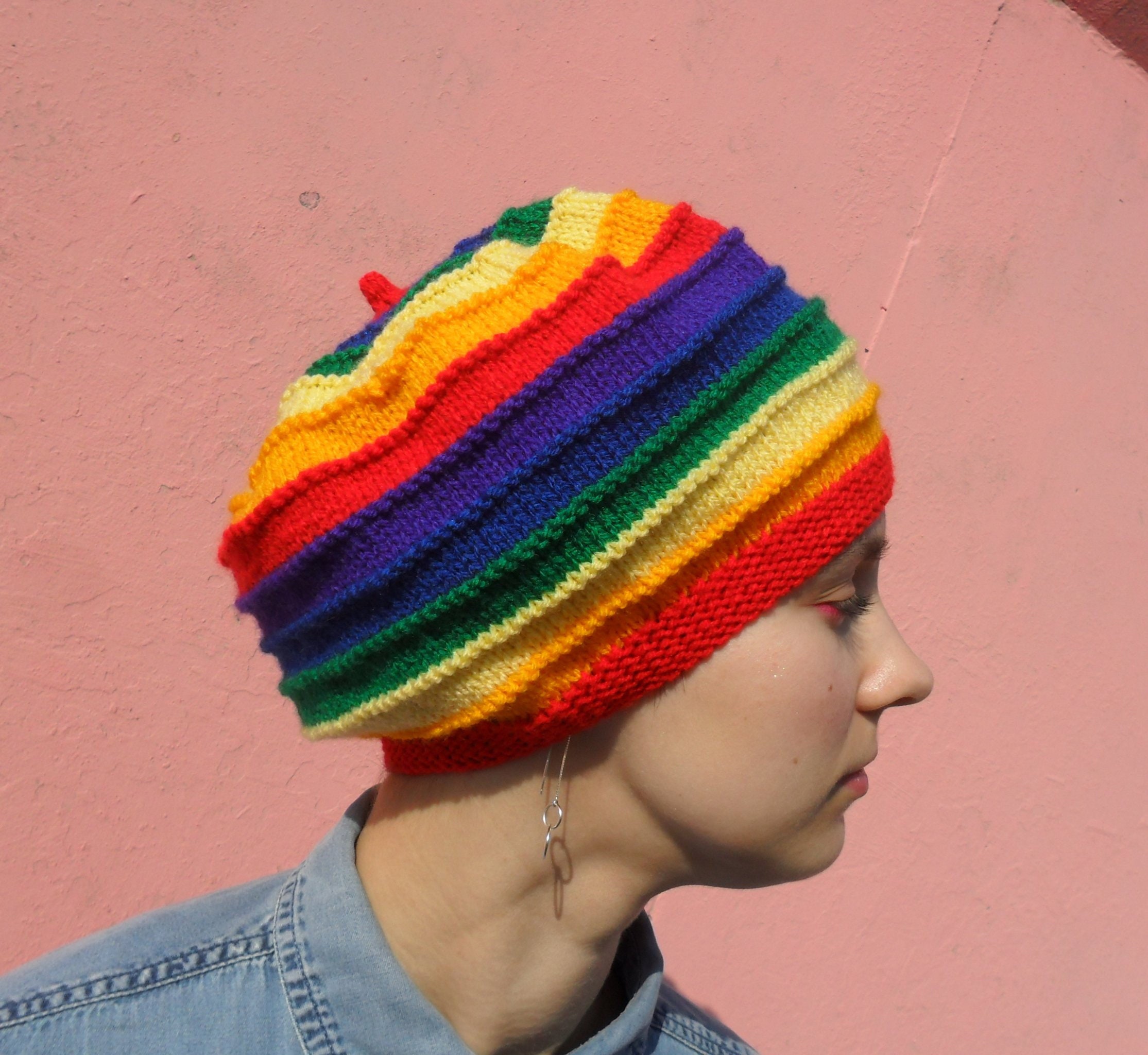 Striped Rainbow Beret: Gay Pride Hat, Hand Knit Rasta Reggae Tam