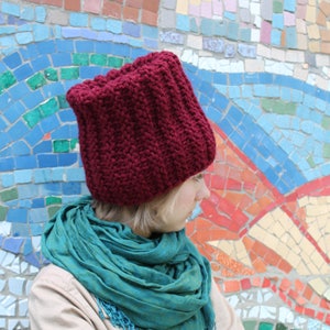 Fisherman beanie, Chunky men's beanie, Docker cap, Dark Magenta Hand knit hat women's, Watch cap, Recycled wool winter toque image 7