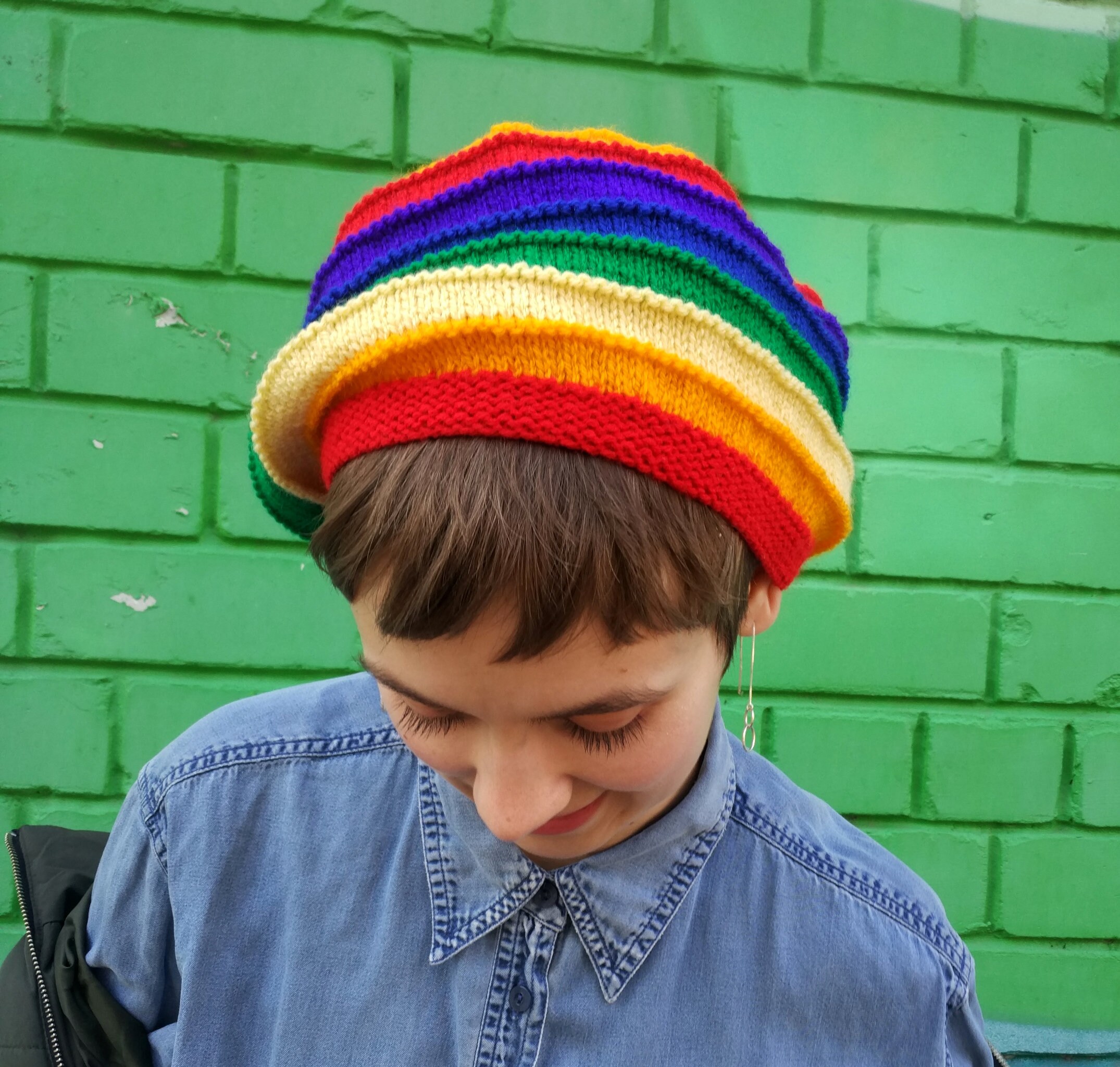 Striped Rainbow Beret: Gay Pride Hat, Hand Knit Rasta Reggae Tam
